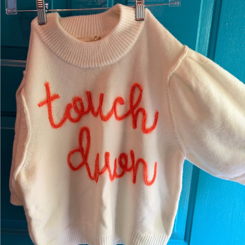 Altar'd State Cream Crewneck Sweater with Orange 'touch down' Embroidery